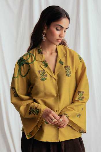 Buy_Jodi_Yellow Cotton Embroidery Collared Nimbu Floral Print Shirt _Online_at_Aza_Fashions
