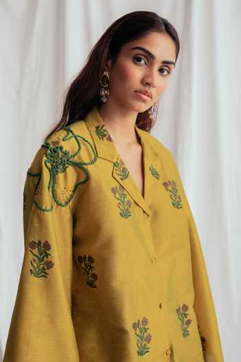 Shop_Jodi_Yellow Cotton Embroidery Collared Nimbu Floral Print Shirt _Online_at_Aza_Fashions