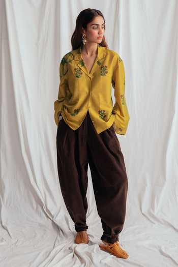 Jodi_Yellow Cotton Embroidery Collared Nimbu Floral Print Shirt _at_Aza_Fashions