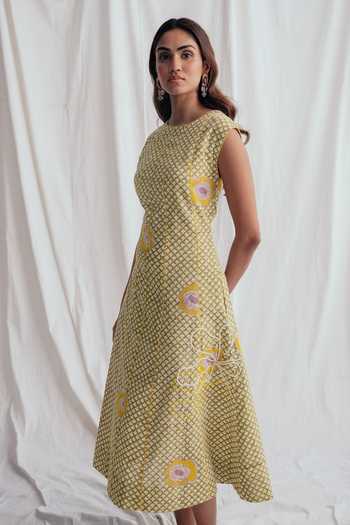 Shop_Jodi_Multi Color Cotton Embroidery, Beads Round Neck Panna Panelled Dress _Online_at_Aza_Fashions