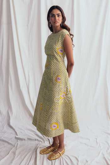 Buy_Jodi_Multi Color Cotton Embroidery, Beads Round Neck Panna Panelled Dress 