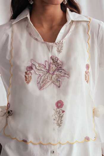 Buy_Jodi_White Chanderi Round Neck Kulfi Floral Print Bib Cape _Online_at_Aza_Fashions