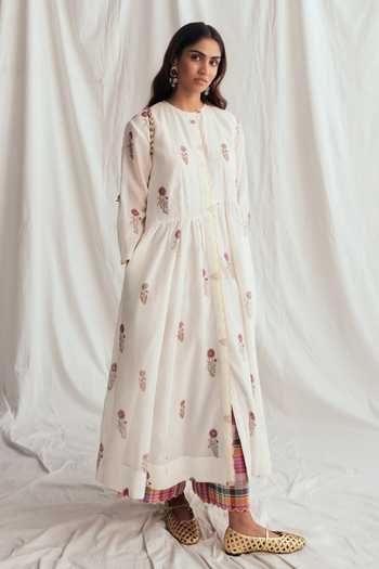 Jodi_White Chanderi Beads Round Neck Kulfi Day Printed Dress _Online_at_Aza_Fashions