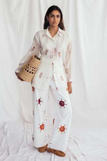 Jodi_White Chanderi Embroidery, Beads Collared Kulfi Floral Print Shirt _Online_at_Aza_Fashions