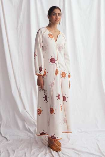 Jodi_White Chanderi Embroidery V-neck Thandai Peasant Handblock Print Maxi Dress _Online_at_Aza_Fashions