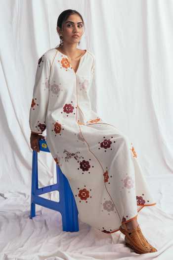 Shop_Jodi_White Chanderi Embroidery V-neck Thandai Peasant Handblock Print Maxi Dress _Online_at_Aza_Fashions