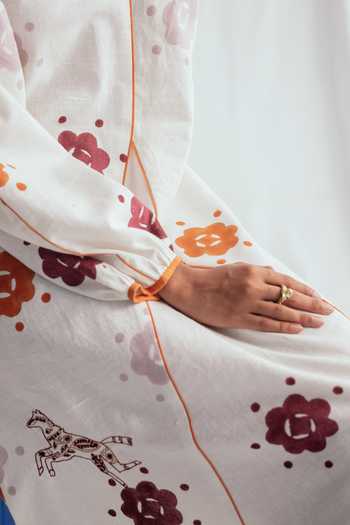 Jodi_White Chanderi Embroidery V-neck Thandai Peasant Handblock Print Maxi Dress _at_Aza_Fashions