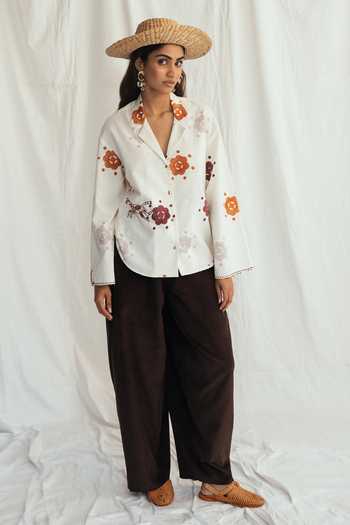 Buy_Jodi_White Cotton Embroidery, Beads Collared Thandai Block Print Shirt _Online_at_Aza_Fashions