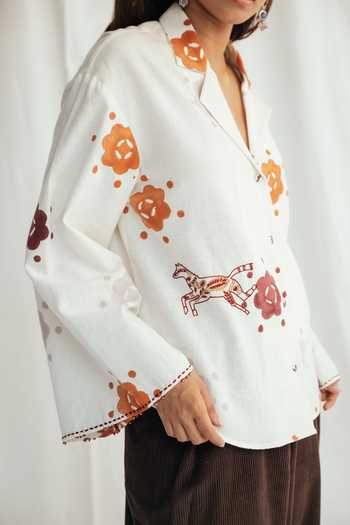 Shop_Jodi_White Cotton Embroidery, Beads Collared Thandai Block Print Shirt _Online_at_Aza_Fashions