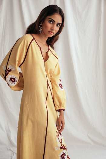 Jodi_Yellow Cotton Applique, Piping V-neck Aamras Handloom Peasant Kala Dress _Online_at_Aza_Fashions