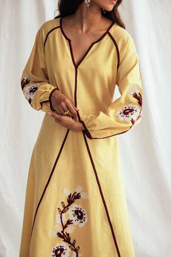 Buy_Jodi_Yellow Cotton Applique, Piping V-neck Aamras Handloom Peasant Kala Dress _Online_at_Aza_Fashions