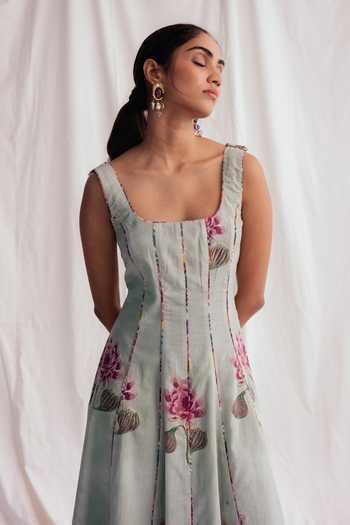 Jodi_Grey Cotton Square Neck Gulkand Panelled Dress _Online_at_Aza_Fashions