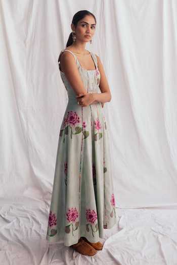 Buy_Jodi_Grey Cotton Square Neck Gulkand Panelled Dress _Online_at_Aza_Fashions