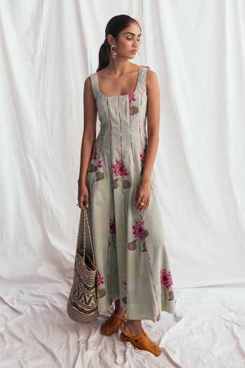 Shop_Jodi_Grey Cotton Square Neck Gulkand Panelled Dress _Online_at_Aza_Fashions