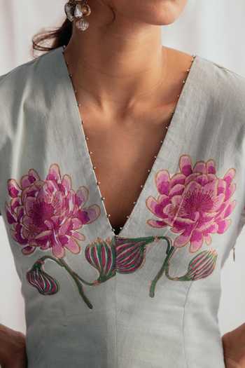 Jodi_Grey Cotton Beads V-neck Gulkand Printed Dress _Online_at_Aza_Fashions