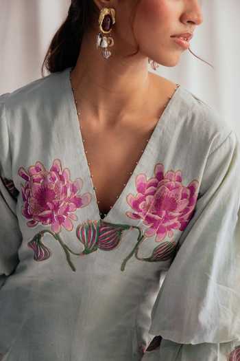 Buy_Jodi_Grey Cotton Beads V-neck Gulkand Printed Dress _Online_at_Aza_Fashions