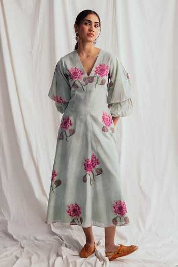 Shop_Jodi_Grey Cotton Beads V-neck Gulkand Printed Dress _Online_at_Aza_Fashions