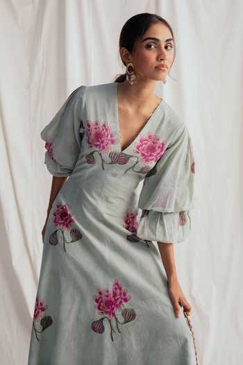 Jodi_Grey Cotton Beads V-neck Gulkand Printed Dress _at_Aza_Fashions