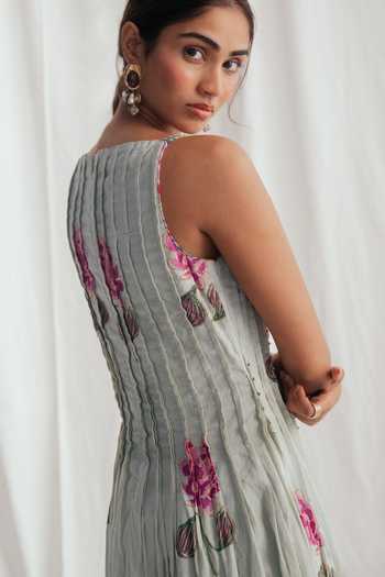 Shop_Jodi_Grey Cotton Beads Boat Neck Gulkand Day Printed Dress _Online_at_Aza_Fashions