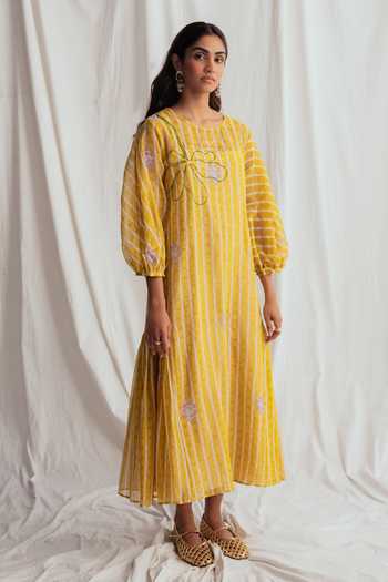 Jodi_Yellow Chanderi Embroidery, Beads Round Neck Dhoop Peasant Dress _Online_at_Aza_Fashions