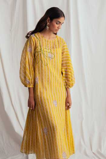 Buy_Jodi_Yellow Chanderi Embroidery, Beads Round Neck Dhoop Peasant Dress _Online_at_Aza_Fashions