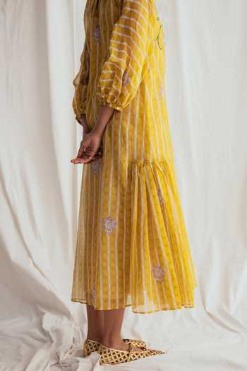 Shop_Jodi_Yellow Chanderi Embroidery, Beads Round Neck Dhoop Peasant Dress _Online_at_Aza_Fashions