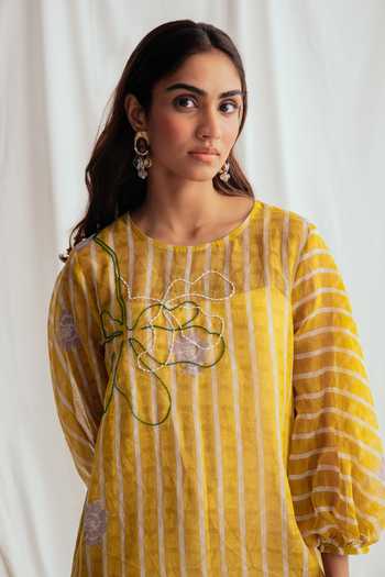 Jodi_Yellow Chanderi Embroidery, Beads Round Neck Dhoop Peasant Dress _at_Aza_Fashions