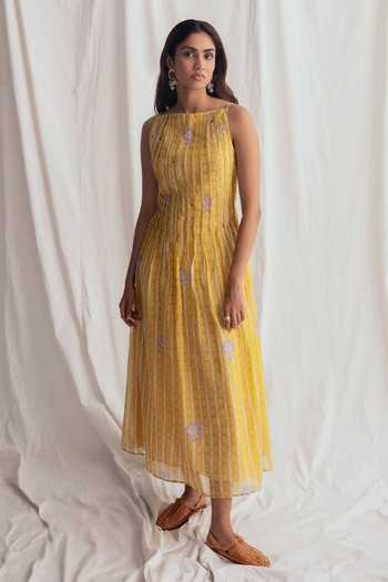 Jodi_Yellow Chanderi Beads Boat Neck Dhoop Day Dress _Online_at_Aza_Fashions