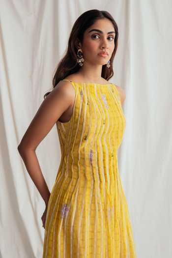 Buy_Jodi_Yellow Chanderi Beads Boat Neck Dhoop Day Dress _Online_at_Aza_Fashions