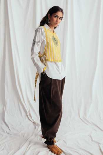 Shop_Jodi_Yellow Chanderi Embroidery, Beads Crew Neck Dhoop Printed Bib Jacket _Online_at_Aza_Fashions