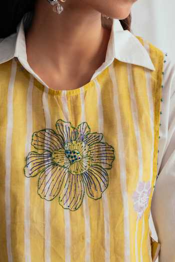 Jodi_Yellow Chanderi Embroidery, Beads Crew Neck Dhoop Printed Bib Jacket _at_Aza_Fashions