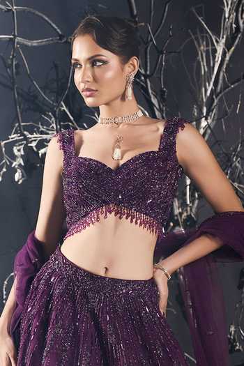 Shop_Shivani Awasty_Purple Net Embroidery, Sequins Sweetheart Neck Stardust Embellished Lehenga Set _Online_at_Aza_Fashions