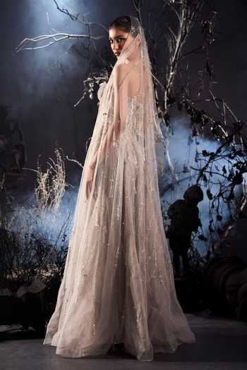 Buy_Shivani Awasty_Silver Net Sequins, Beads, Stones Sweetheart Neck Sienna Embellished Gown _Online_at_Aza_Fashions