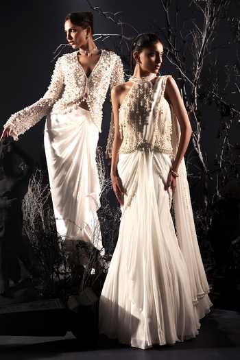 Shivani Awasty_Ivory Net, Silk Satin Pearls V-neck 3d Jacket And Skirt Set _Online_at_Aza_Fashions
