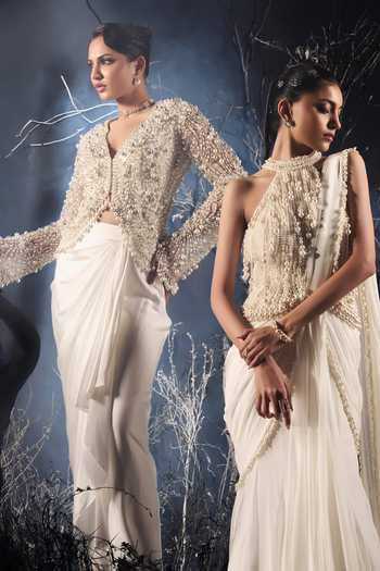 Shop_Shivani Awasty_Ivory Net, Silk Satin Pearls V-neck 3d Jacket And Skirt Set _Online_at_Aza_Fashions