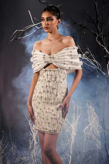 Shivani Awasty_Ivory Net Embroidery, Sequins, Stones Off-shoulder 3d Bow Cocktail Dress  _Online_at_Aza_Fashions