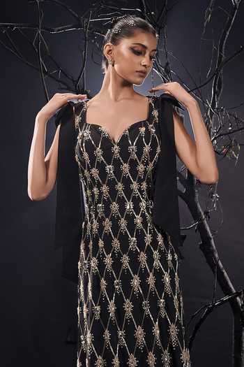 Shivani Awasty_Black Crepe, Polyester Embroidery, Sequins, Stones Sweetheart Neck Crystal Gown _Online_at_Aza_Fashions