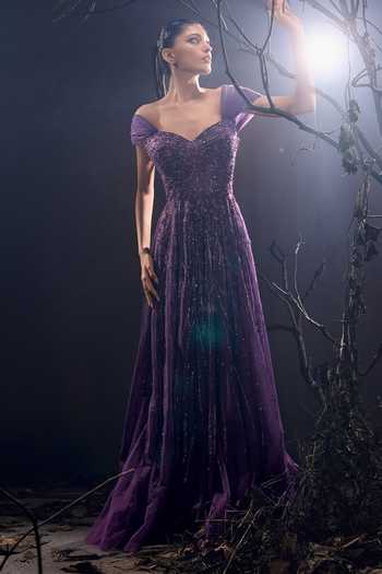 Shivani Awasty Purple Net Sequins, Beads, Tassels, Fringe Off-shoulder Off Gown Online at Aza Fashions Shivani Awasty_Purple Net Sequins, Beads, Tassels, Fringe Off-shoulder Off Gown _Online_at_Aza_Fashions
