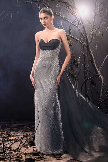 Shop_Shivani Awasty_Black Net Sequins Sweetheart Neck Kristina Trail Gown _Online_at_Aza_Fashions