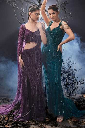 Shop_Shivani Awasty_Teal Net Sequins, Beads, Stones Sweetheart Neck Tonal Embellished Gown _Online_at_Aza_Fashions