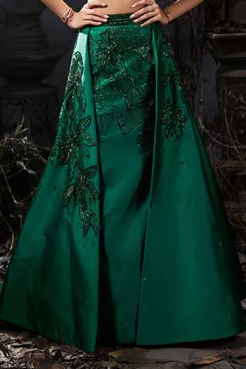 Shivani Awasty_Emerald Green Silk, Net Embroidery Sweetheart Neck Embellished Top Skirt Set _Online_at_Aza_Fashions