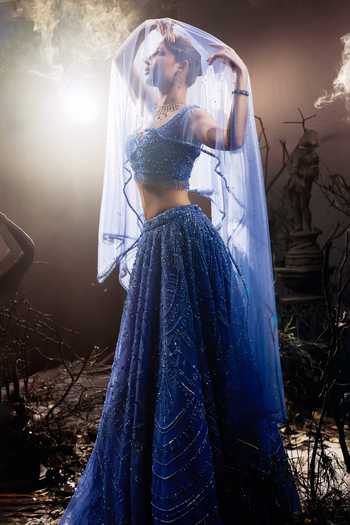 Buy_Shivani Awasty_Blue Net Sequins, Beads, Stones Sweetheart Neck Mid Cascade Lehenga Set _Online_at_Aza_Fashions