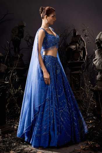 Shivani Awasty_Blue Net Sequins, Beads, Stones Sweetheart Neck Mid Cascade Lehenga Set _at_Aza_Fashions