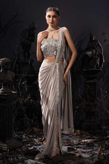 Shivani Awasty_Silver Georgette, Net Sequins, Beads, Zari Pre-draped Saree And 3d Work Corset Set _Online_at_Aza_Fashions