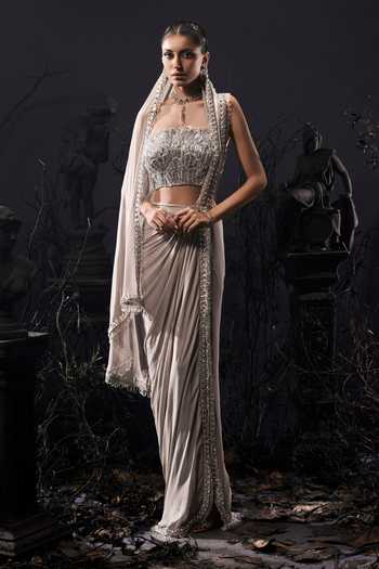 Buy_Shivani Awasty_Silver Georgette, Net Sequins, Beads, Zari Pre-draped Saree And 3d Work Corset Set _Online_at_Aza_Fashions