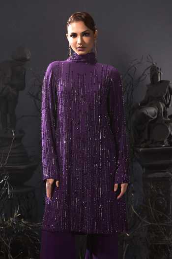 Shivani Awasty_Purple Georgette Embroidery, Sequins High Neck Bow Top And Pant Set _Online_at_Aza_Fashions