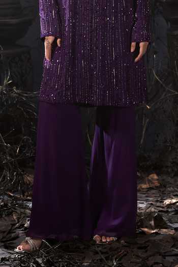 Buy_Shivani Awasty_Purple Georgette Embroidery, Sequins High Neck Bow Top And Pant Set _Online_at_Aza_Fashions