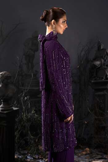 Shop_Shivani Awasty_Purple Georgette Embroidery, Sequins High Neck Bow Top And Pant Set _Online_at_Aza_Fashions