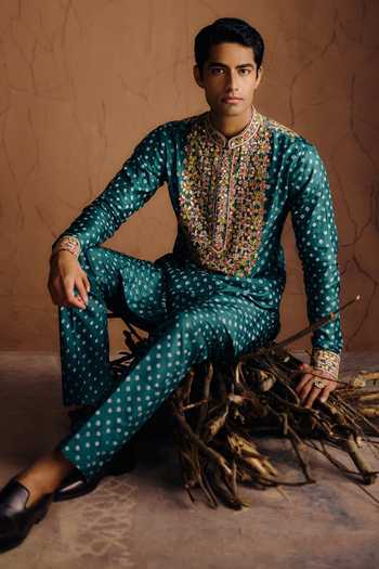 Shop_Amaare_Green Silk Sequins, Beads, Gota Patti Marvaan Embroidered Kurta Set _Online_at_Aza_Fashions