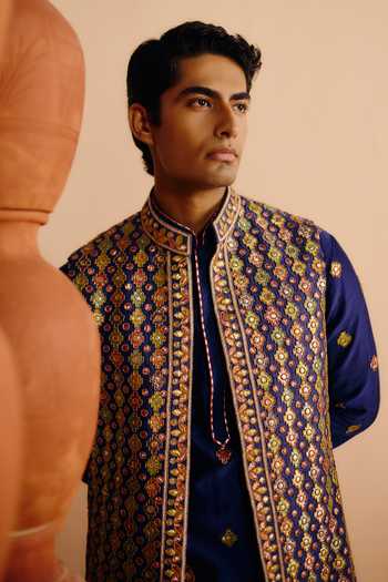 Buy_Amaare_Multi Color Silk, Chanderi Sequins, Beads, Arthav Embroidered Bundi And Kurta Set _Online_at_Aza_Fashions